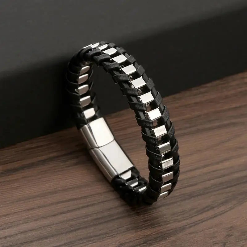 CowLost | jiayiqi-punk-men-jewelry-black-braided-leather-bracelet-stainless-steel-magnetic-clasp |28
