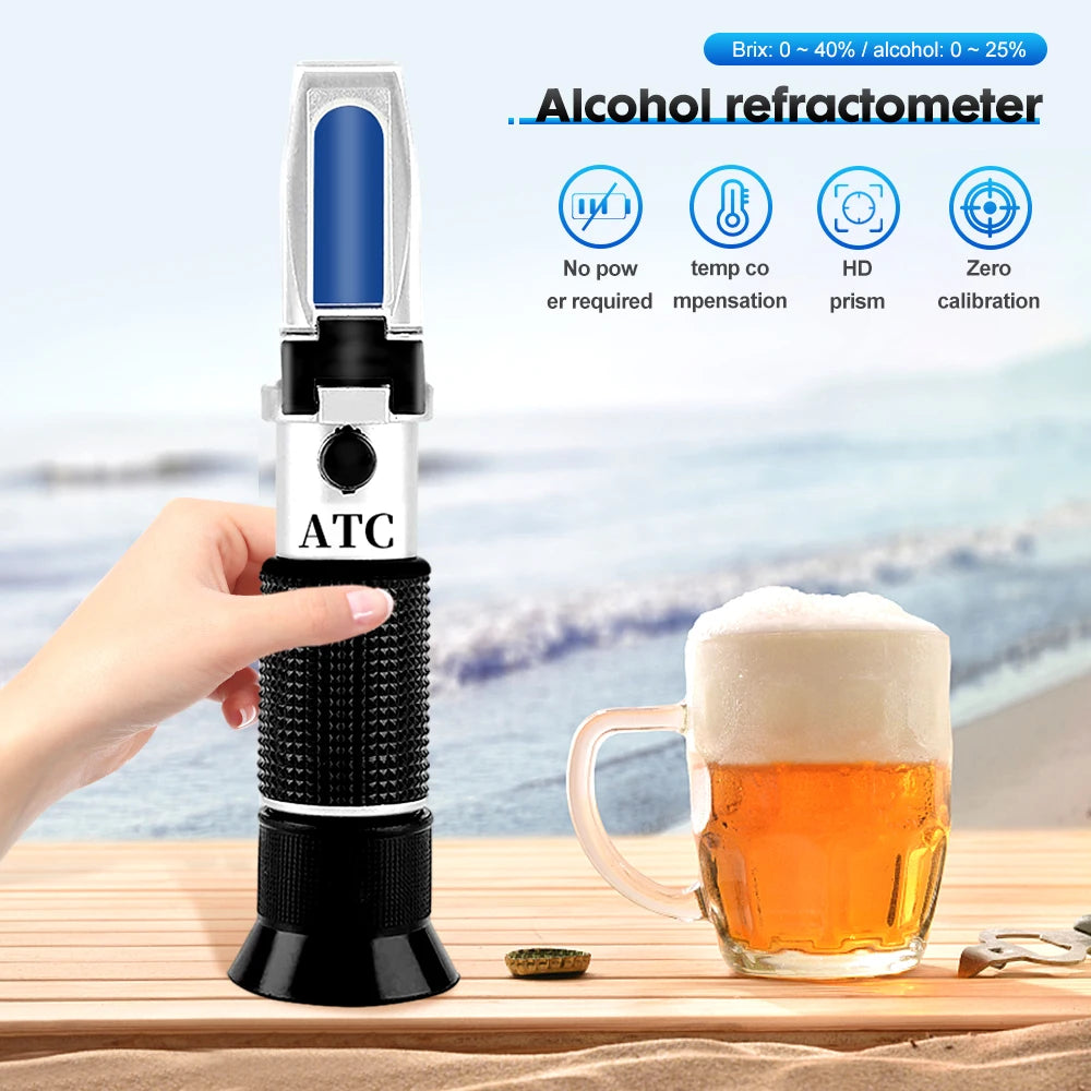 Handheld Alcohol & Sugar Refractometer Tester 0-25% Alcohol 0-40% Brix Wine Beer Meter