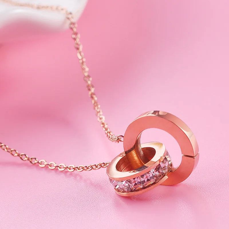 Women's Classic Roman Numeral Double Ring Buckle Titanium Steel Diamond Necklace