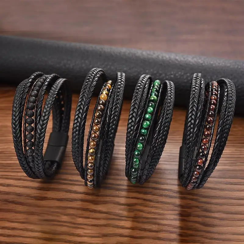 CowLost | badge-pass-holders-mens-natural-stone-beads-multilayer-leather-bracelet-with-magnetic-clasp |1