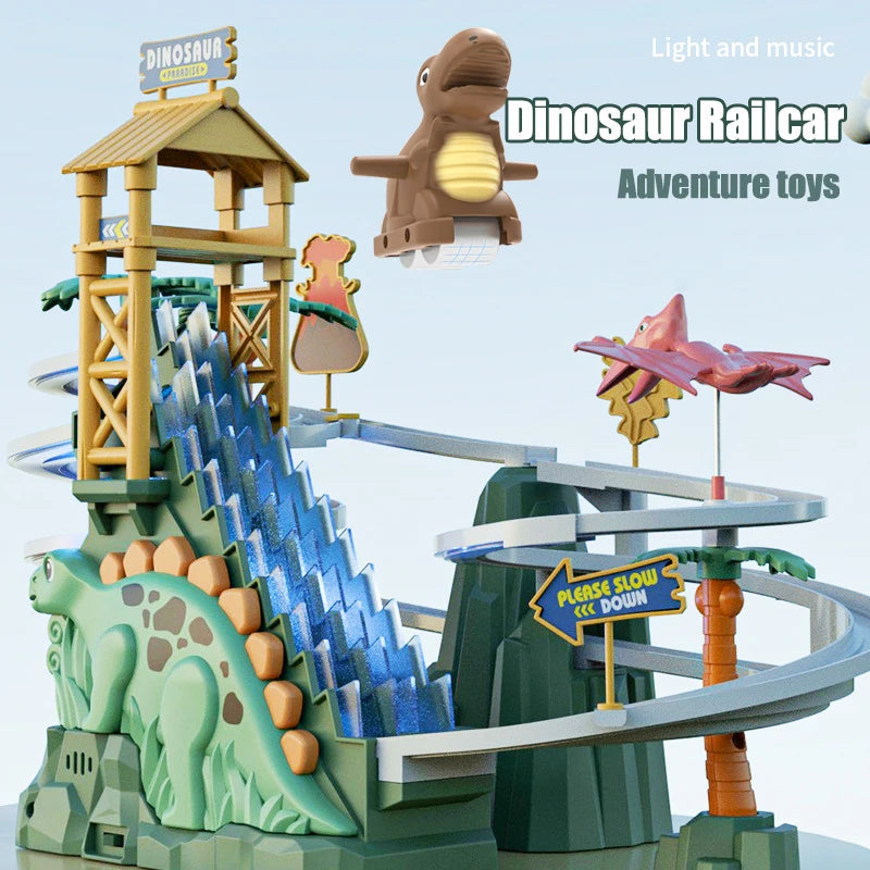 Electric Double Track Dinosaur Railcar Toy with Slide, Climbing Stairs, Music, and Educational Features for Kids Gift