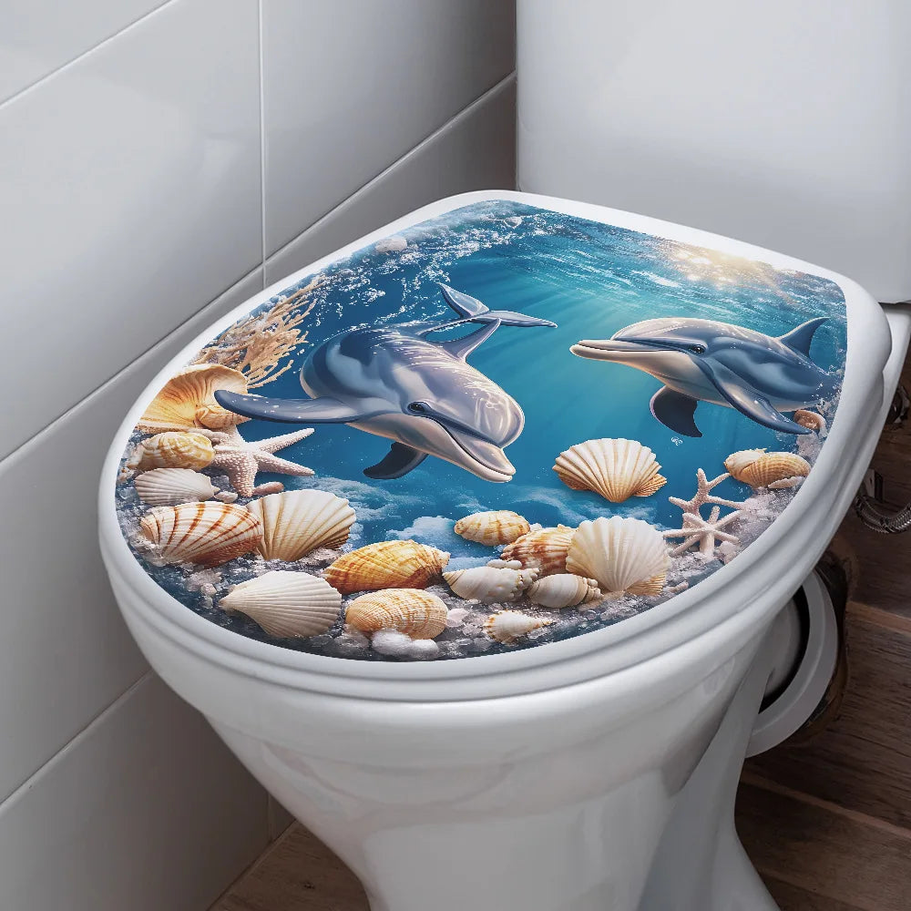 CowLost | 1pc-ocean-dolphin-shell-bathroom-toilet-sticker-decorative |2