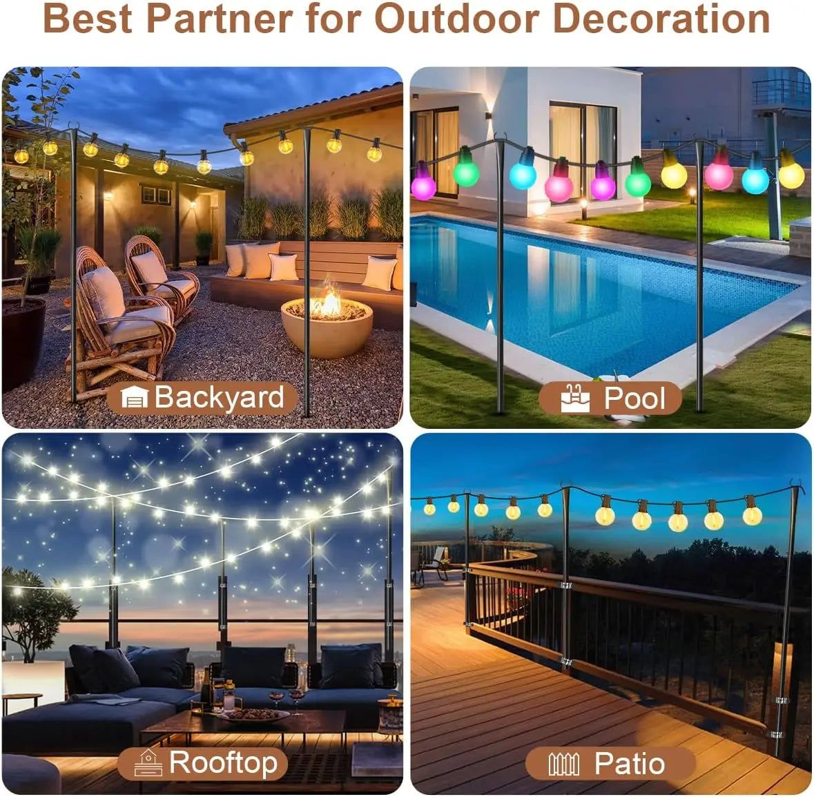 6/4/2 PCS Adjustable Metal String Light Poles with Forks for Outdoor Rustproof Use