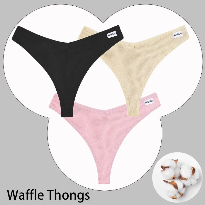CowLost | activewear-pants-3pcs-cotton-waffle-women-s-sexy-thong-panties-set |41