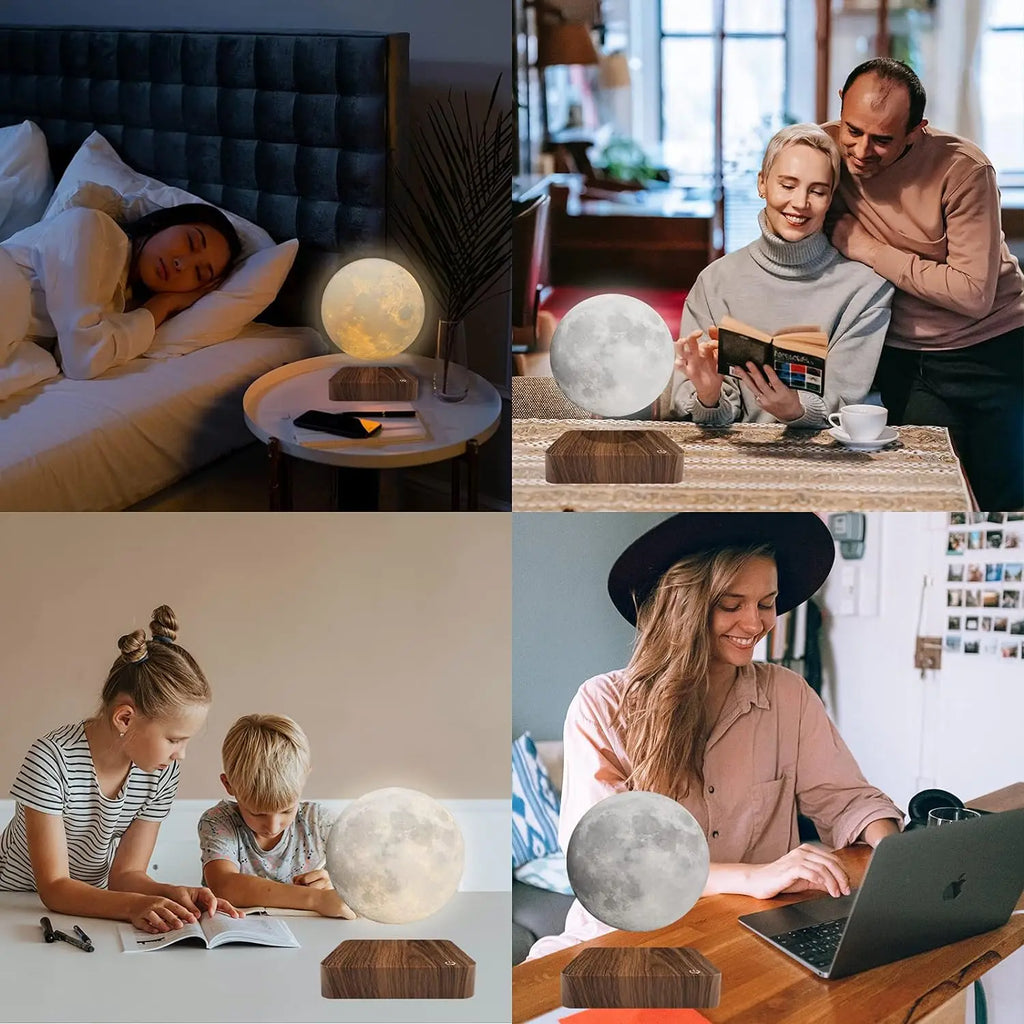 Levitating Moon Magnetic Floating 3D LED Night Light with Wooden Base, 3 Color Temperatures