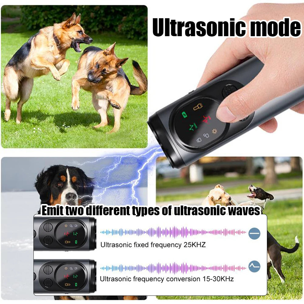 3-Head Ultrasonic Dog Repeller 30ft Range Anti-Barking Trainer with LED Flashlight