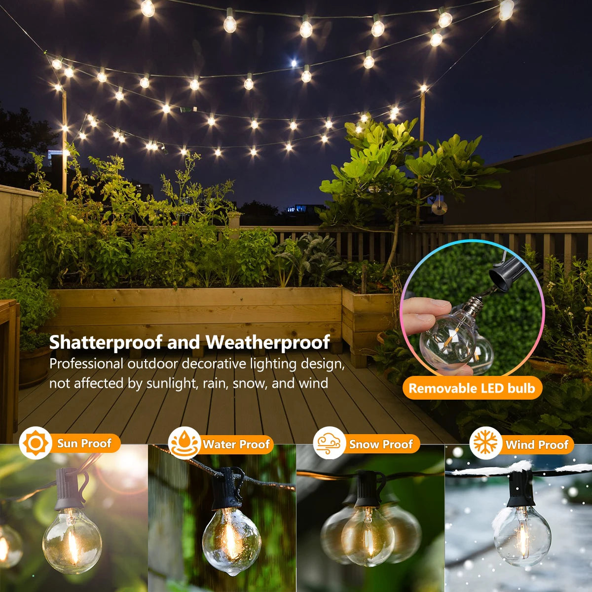 G40 LED Solar String Lights with Remote, 8 Modes, USB Charge, Waterproof for Outdoor Balcony Wedding