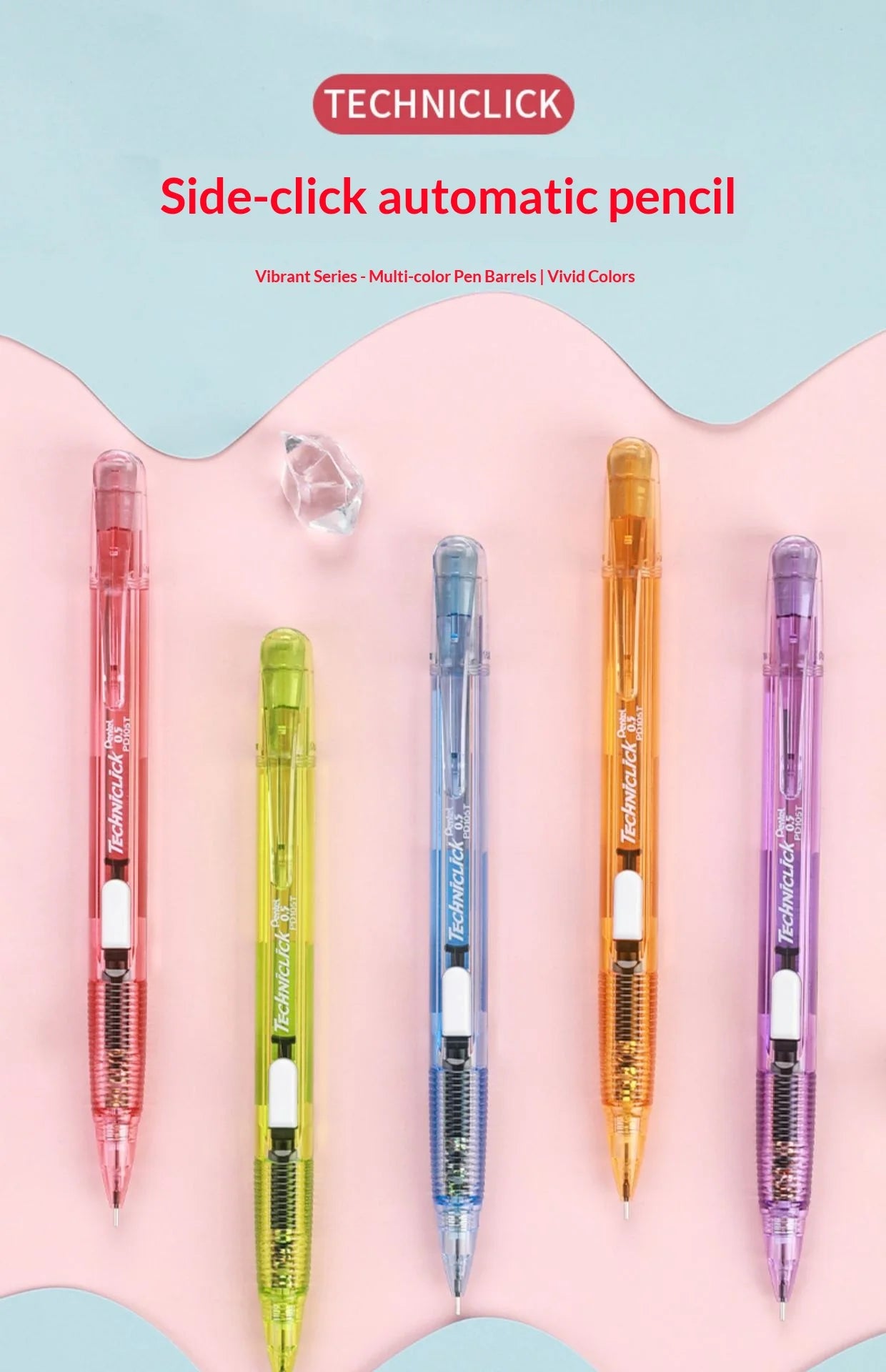 CowLost | product_id-pentel-pd105t-0-5mm-mechanical-pencil-break-resistant-lead-color-blocked-transparent-side-smooth-writing |9
