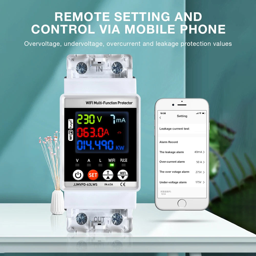 Tuya WiFi Smart Power Meter 63A Energy Switch with Automatic Protector and Voltage Tester