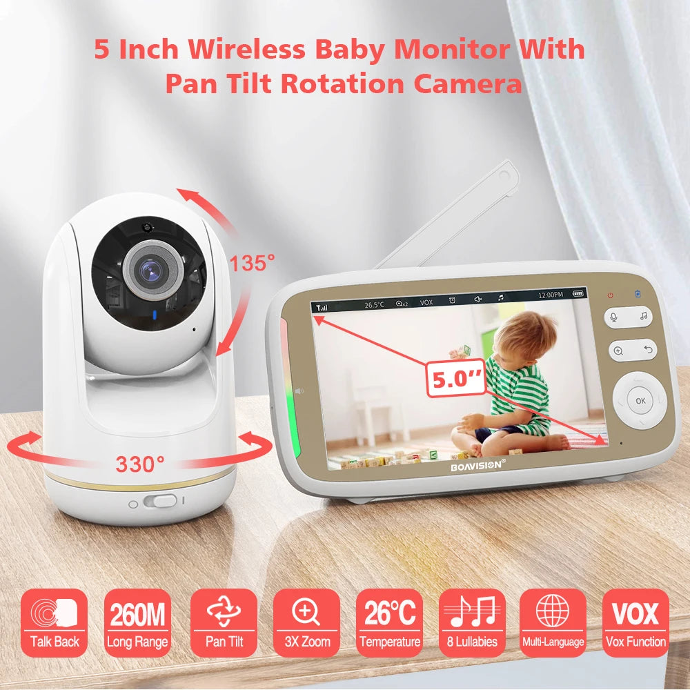CowLost | vb803-baby-monitor-5-inch-720p-larger-display-with-camera-330-pan-135-tilt-3x-zoom-2-way-audio-night-vision-babysitter-camera |7
