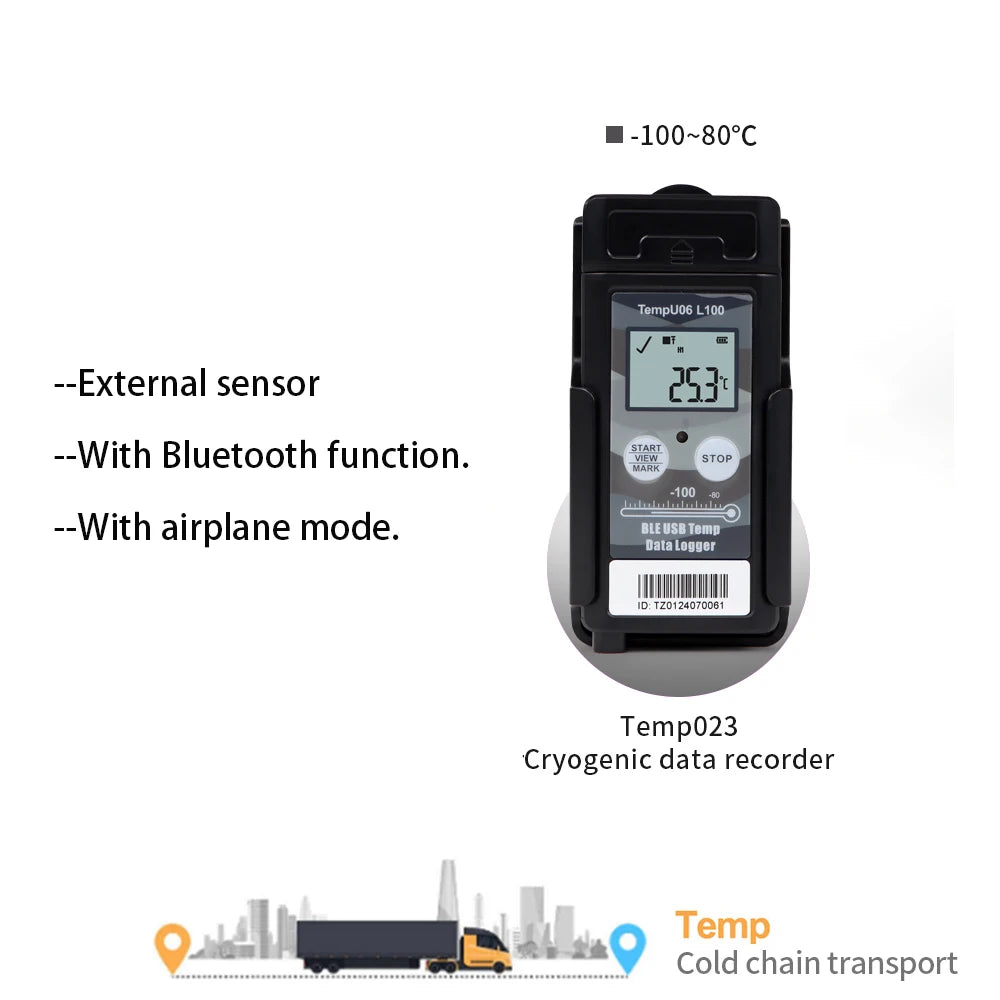 TempU06 Ultra Low Temp Data Logger USB Bluetooth 32000 Points -80℃ to -200℃ Recorder