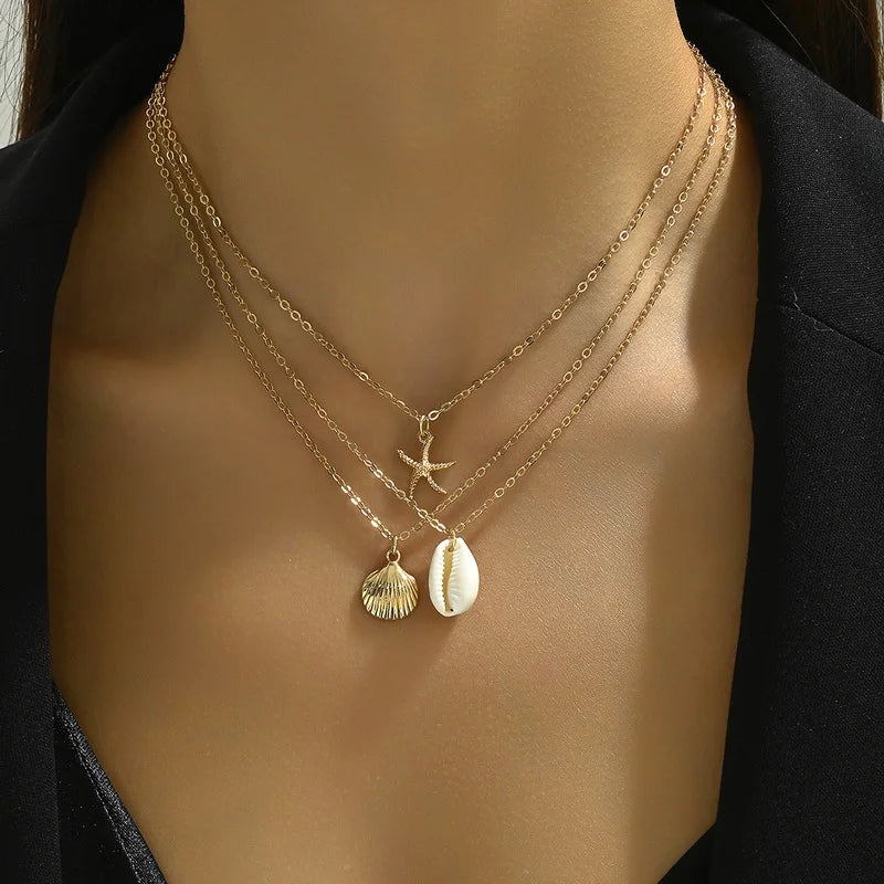 CowLost | 3pcs-bohemian-conch-starfish-pendant-necklace-for-women-conch-seashell-gold-color-metal-chain-choker-summer-beach-party-jewelry |1