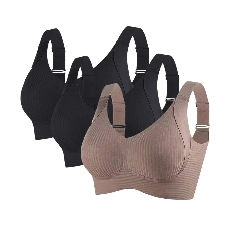 CowLost | product_id-3pcs-womens-plus-size-seamless-v-neck-push-up-wire-free-ribbed-bralette-m-4xl |11