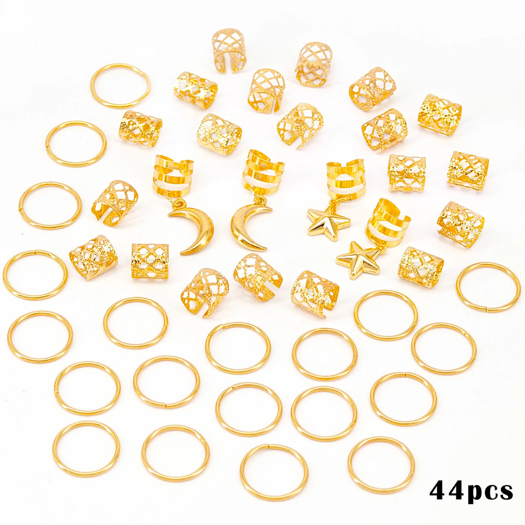 CowLost | 44pcs-stars-moon-combination-fashion-metal-cutout-dreadlock-hair-rings |13