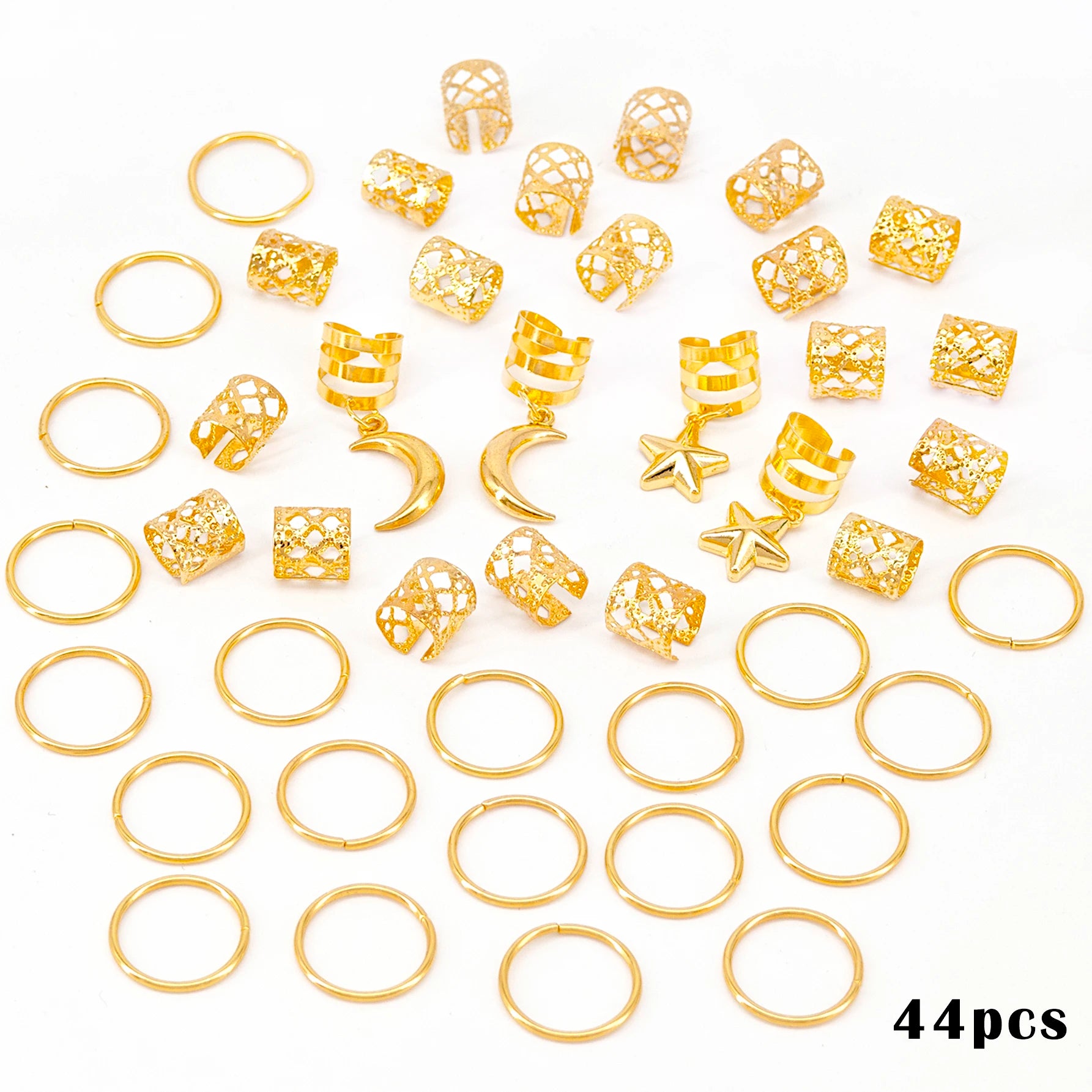 CowLost | 44pcs-stars-moon-combination-fashion-metal-cutout-dreadlock-hair-rings |13