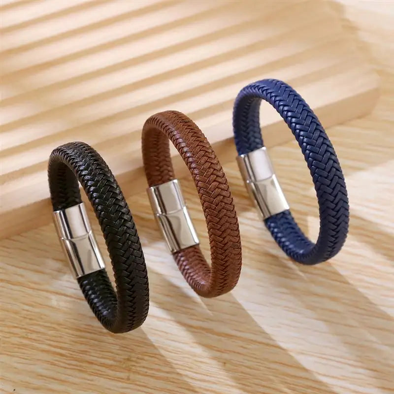 CowLost | badge-pass-holders-classic-mens-braided-leather-bracelet-with-magnetic-clasp |12
