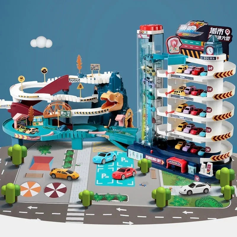 Dinosaur Electric Rail Car Racing Toy Interactive Mechanical Parking Lot for Children
