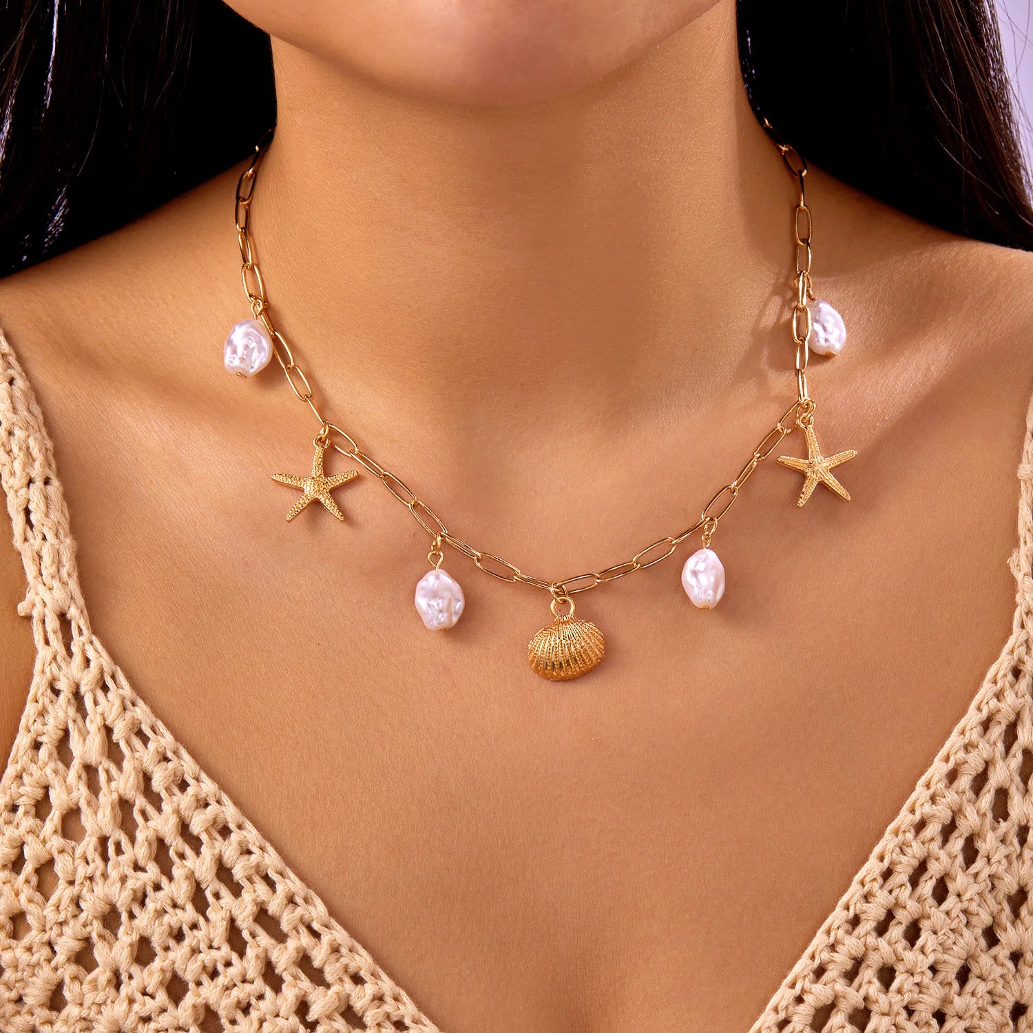 CowLost | bohemia-mulitlayer-ocean-series-necklace-for-women-starfish-shell-pearl-conch-flower-fish-tail-metal-choker-beach-party-jewelry |10