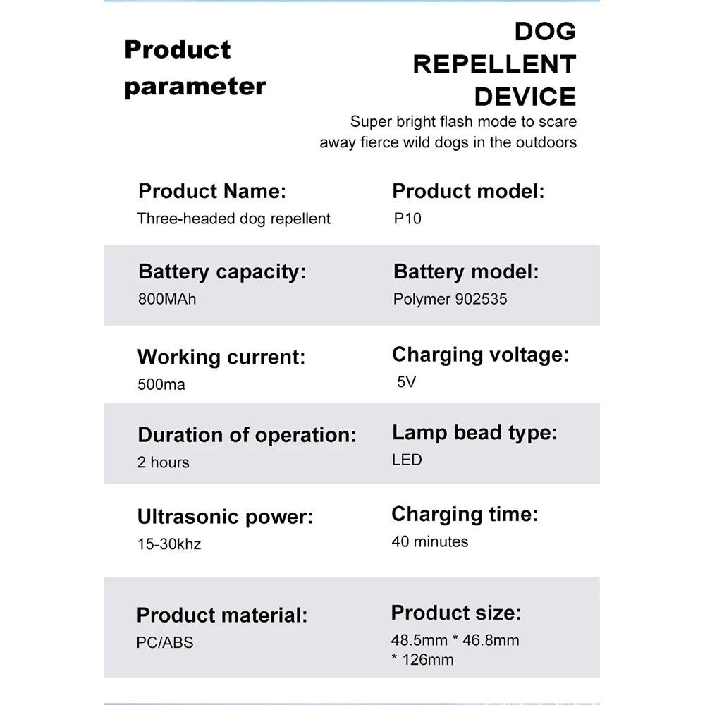 3-Head Ultrasonic Dog Repeller 30ft Range Anti-Barking Trainer with LED Flashlight