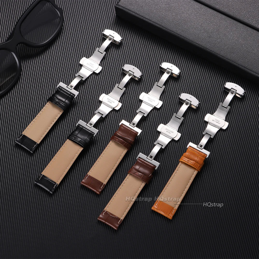Genuine Leather Bamboo Pattern Watch Strap 14-24mm with Steel Butterfly Buckle Black Brown