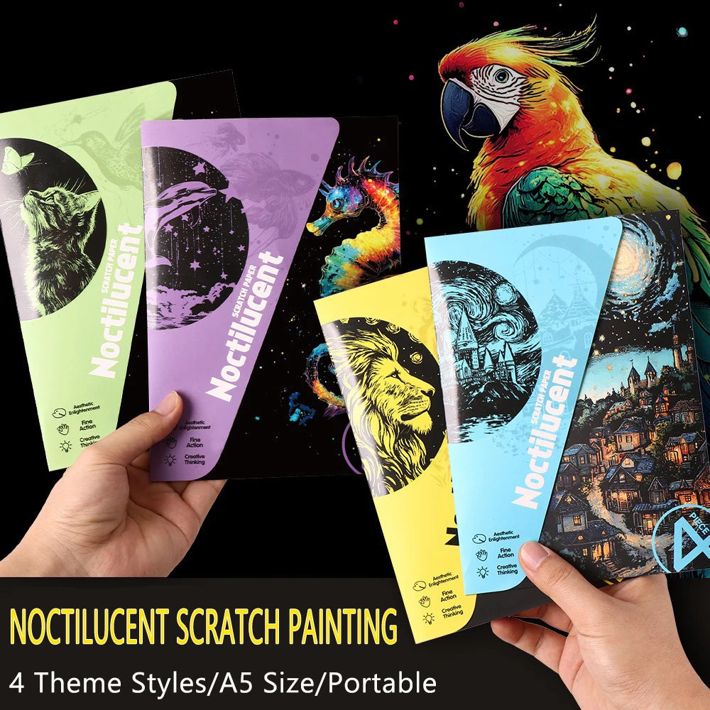 CowLost | product_id-4-pcs-a5-noctilucent-diy-scratch-painting-set-castle-landscape-animal-night-scenes |3