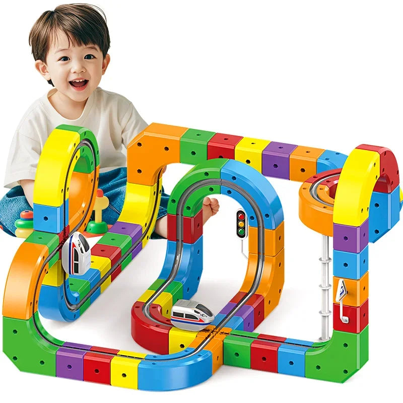 Children Magnetic Rail Car Cube DIY Building Blocks Educational Track Train Toy Christmas Gift