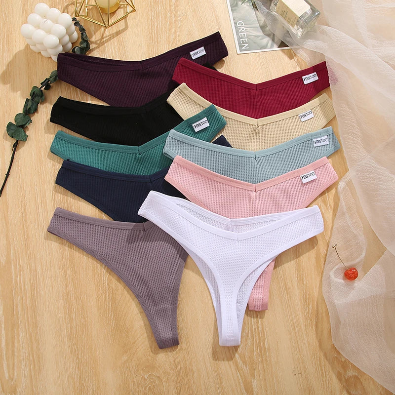 CowLost | activewear-pants-3pcs-cotton-waffle-women-s-sexy-thong-panties-set |9