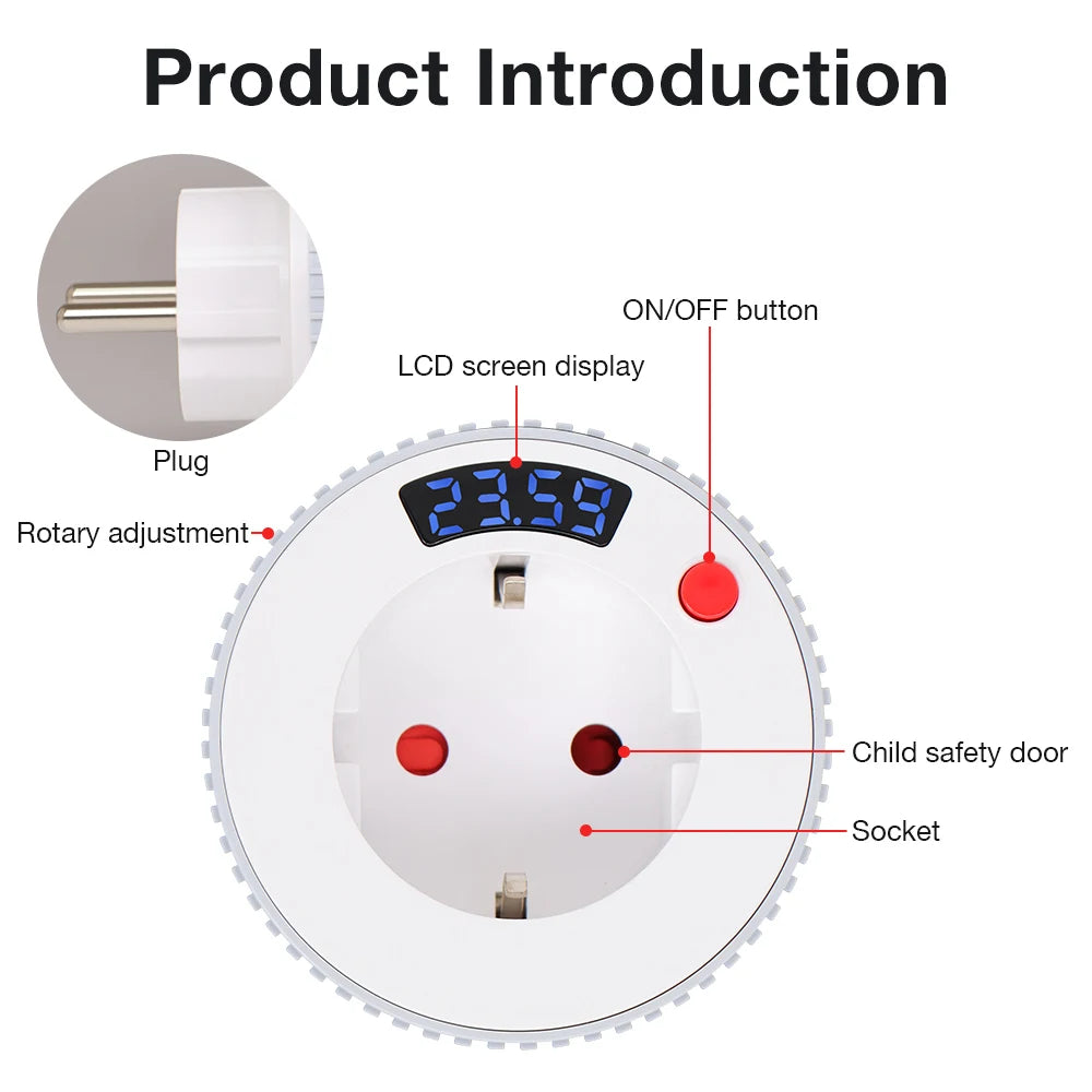 12/24H Countdown Timer Socket EU Plug 16A 230V Scheduled Charging Switch for Lighting