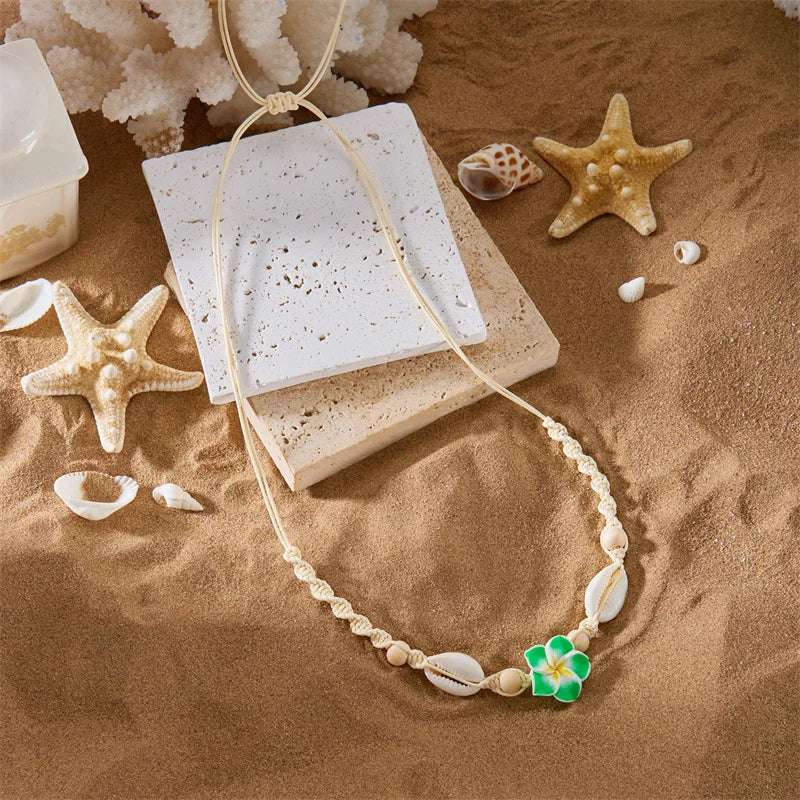 CowLost | bohemia-conch-beads-braided-necklaces-for-women-pink-green-cute-little-daisy-flower-choker-hand-woven-summer-beach-party-jewelry |9