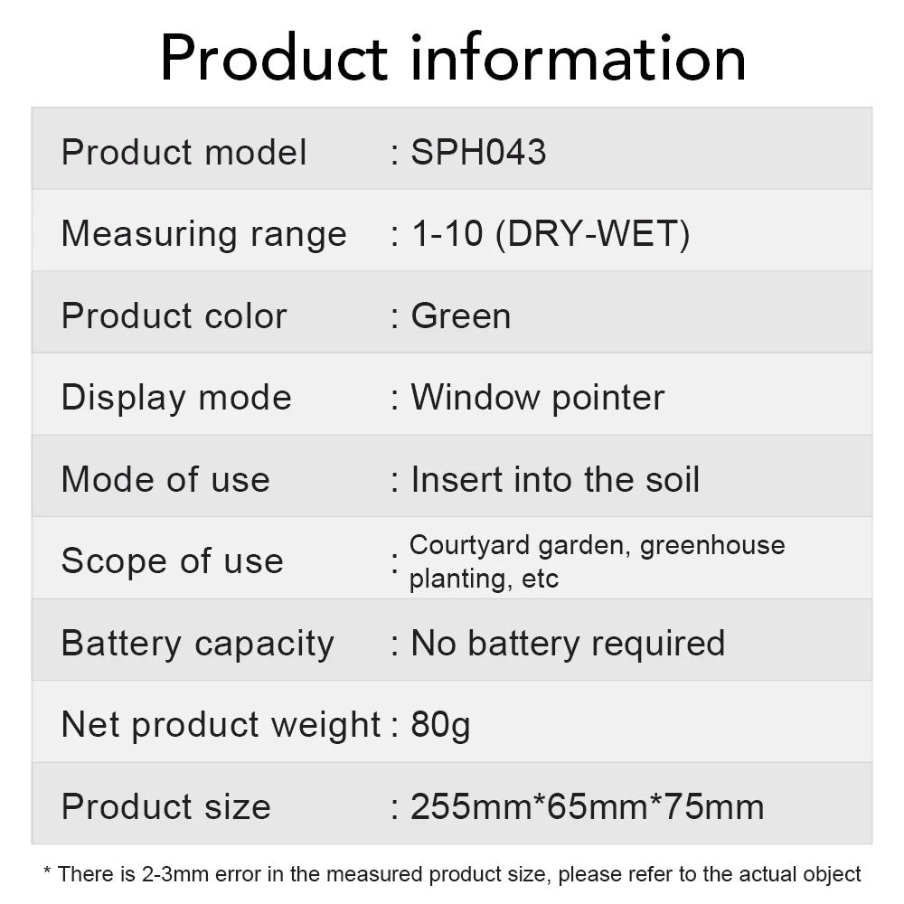 Handheld Soil PH, Moisture & Fertility Meter with Metal Probe No Batteries Needed