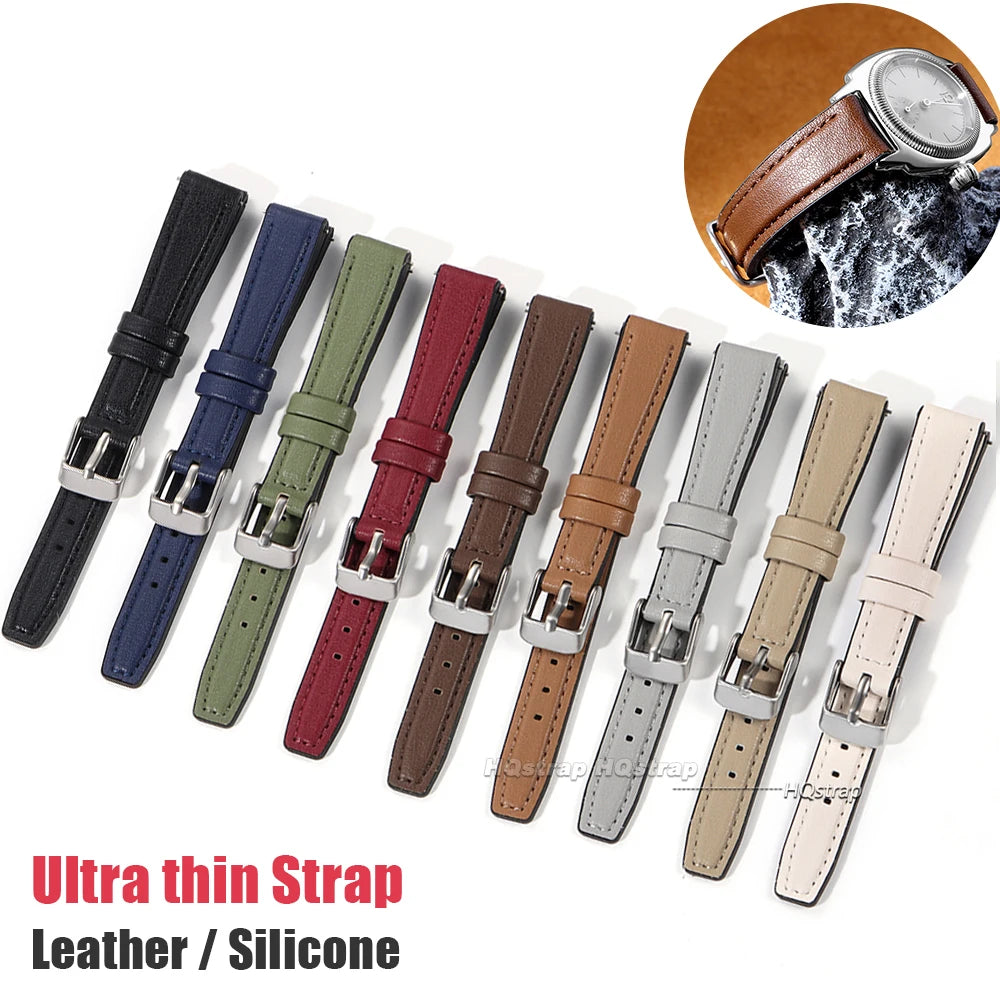 Ultra-thin Leather Silicone Watch Band 10-16mm Universal Quick Release Waterproof Wristband