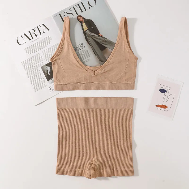 CowLost | product_id-seamless-wireless-v-neck-bra-and-soft-shorts-set-for-women-comfort |10