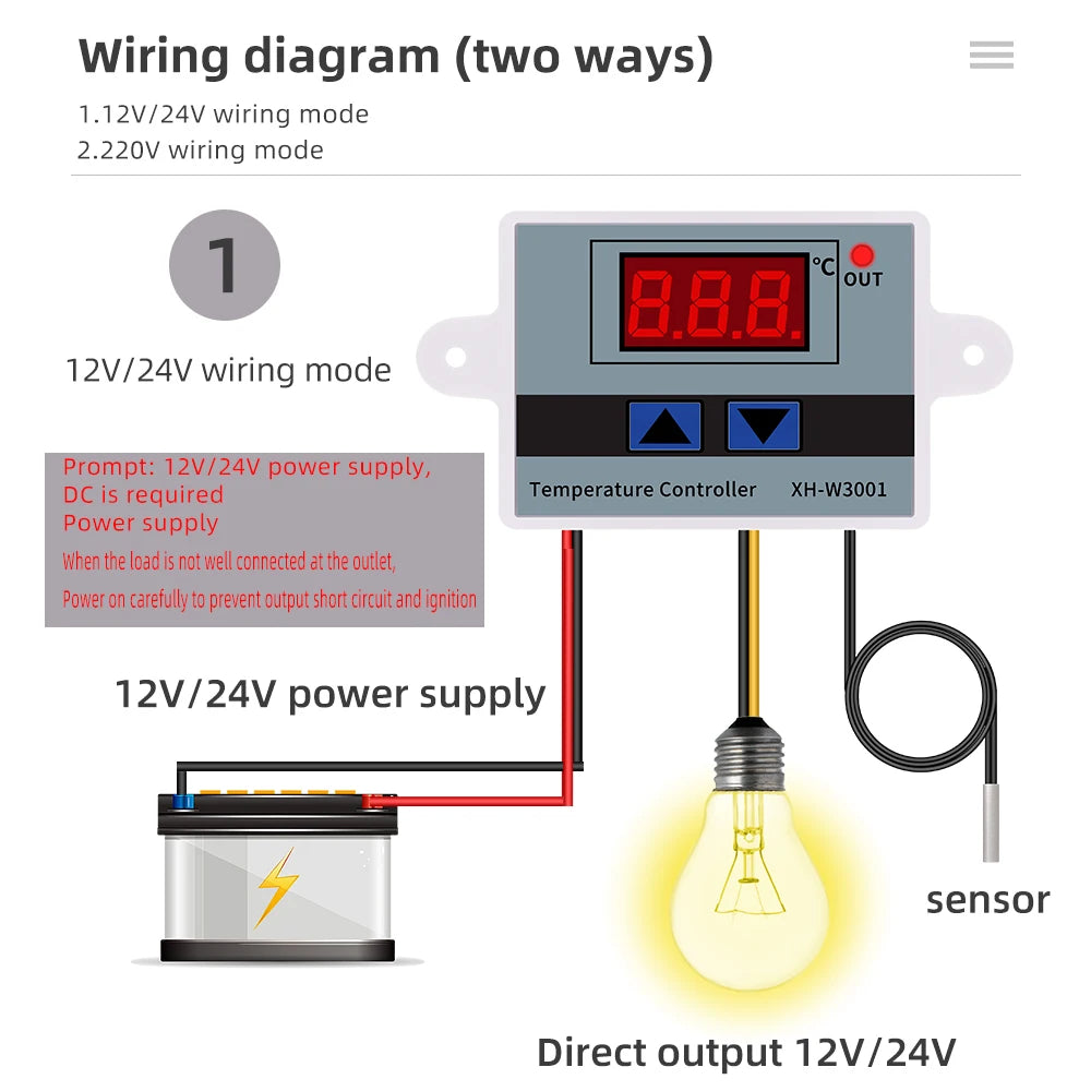 XH-W3001 Digital LED Temperature Controller Thermostat with NTC Sensor and Probe 220V for Incubator Cooling Heating
