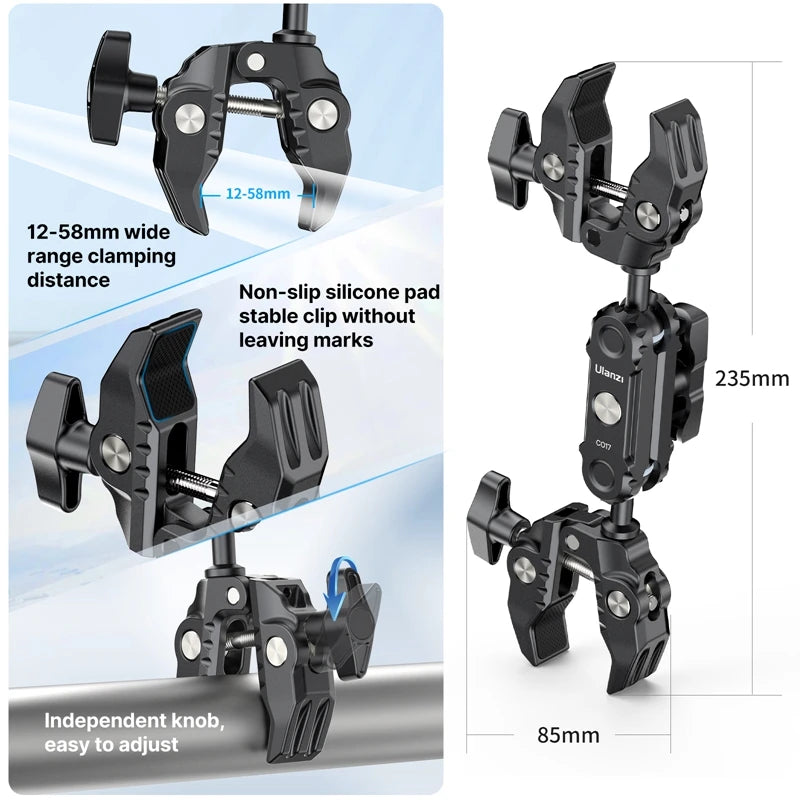 CowLost | ulanzi-co17-pea-pods-dule-head-super-clamp-for-go-pro-11-10-9-8-7-6-insta360-super-clamp-magic-arm-travel |6