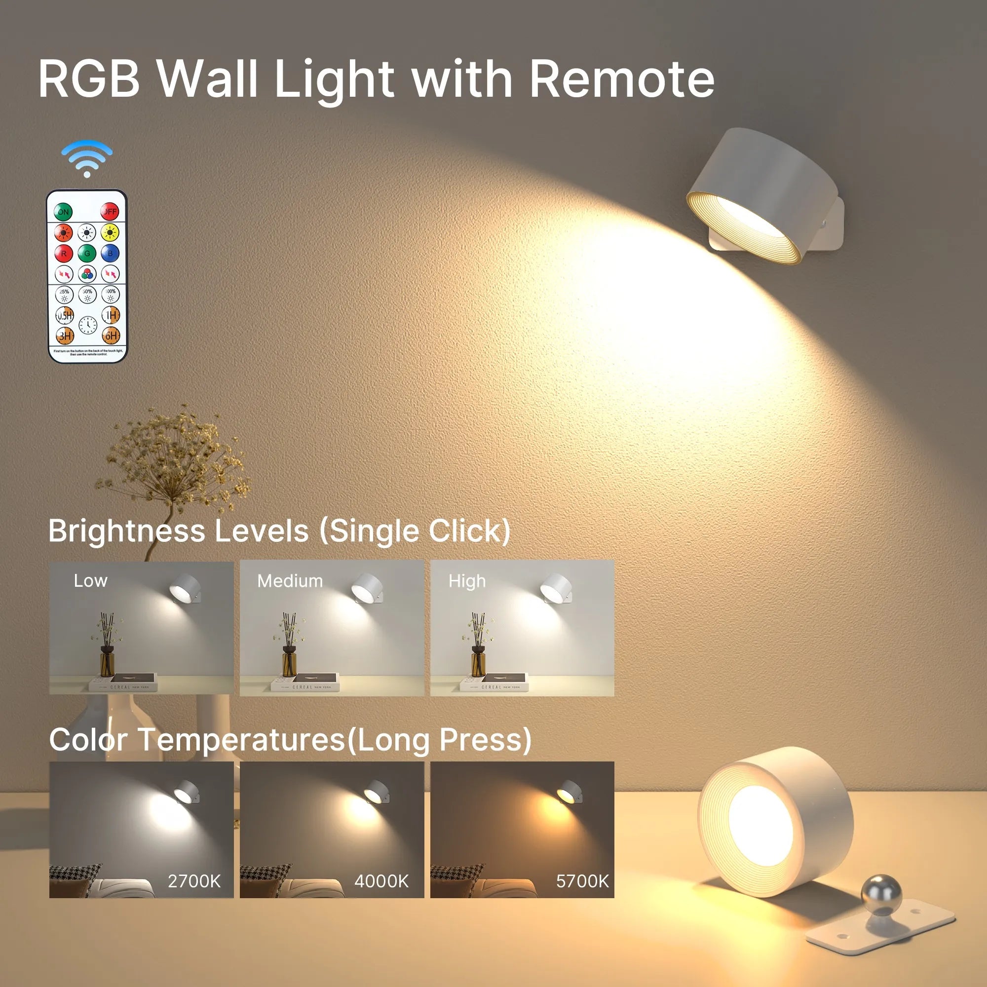 RGB Wall Lights with Remote, 19 Colors, 360° Rotation, 2000mAh Battery, Dimmable Touch Control for Bedroom