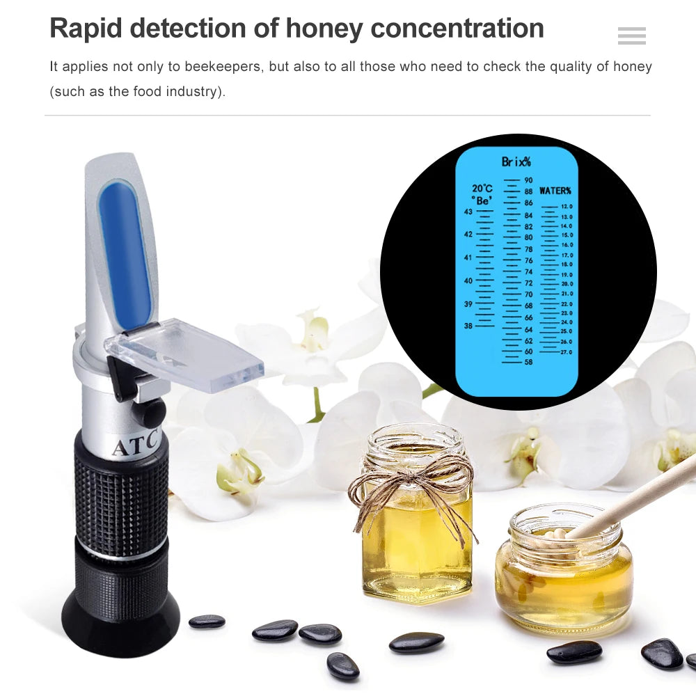 3-in-1 Portable Honey Tester Refractometer 58-90% Brix 38-43°Baume 12-27% Water Sugar Meter for Beekeepers