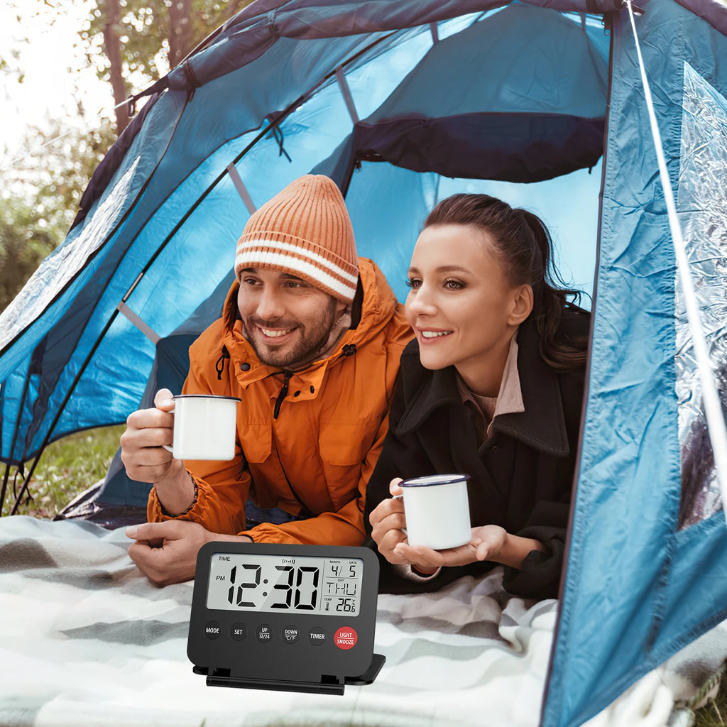 ORIA Digital Foldable LCD Alarm Clock with Calendar, Temperature, Timer – Battery Operated for Travel, Home, Office