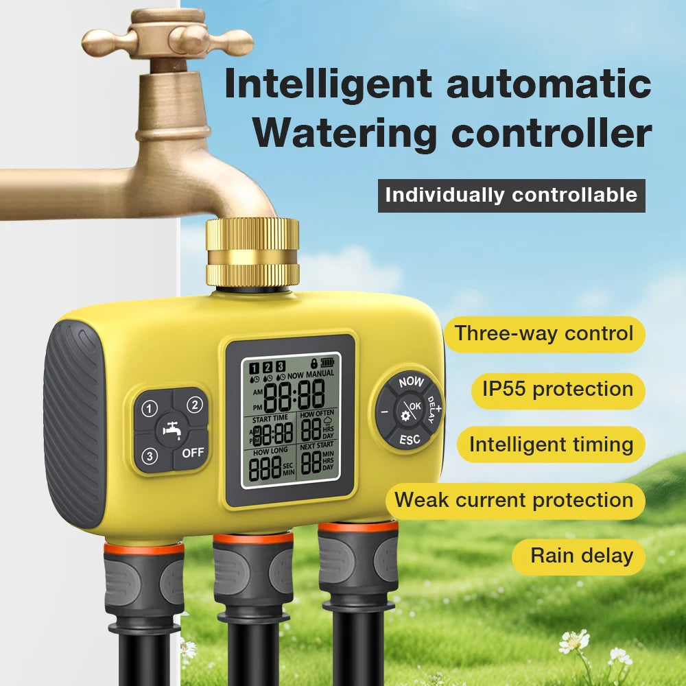 Automatic 1/2/3-Outlet Water Timer with Timing Control for Outdoor Sprinkler