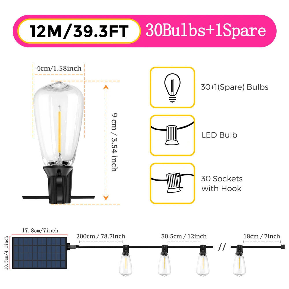 Solar String Lights 12M/9.5M Outdoor with Remote, IP65 Shatterproof ST38 LED Bulbs, 8 Modes for Garden Party