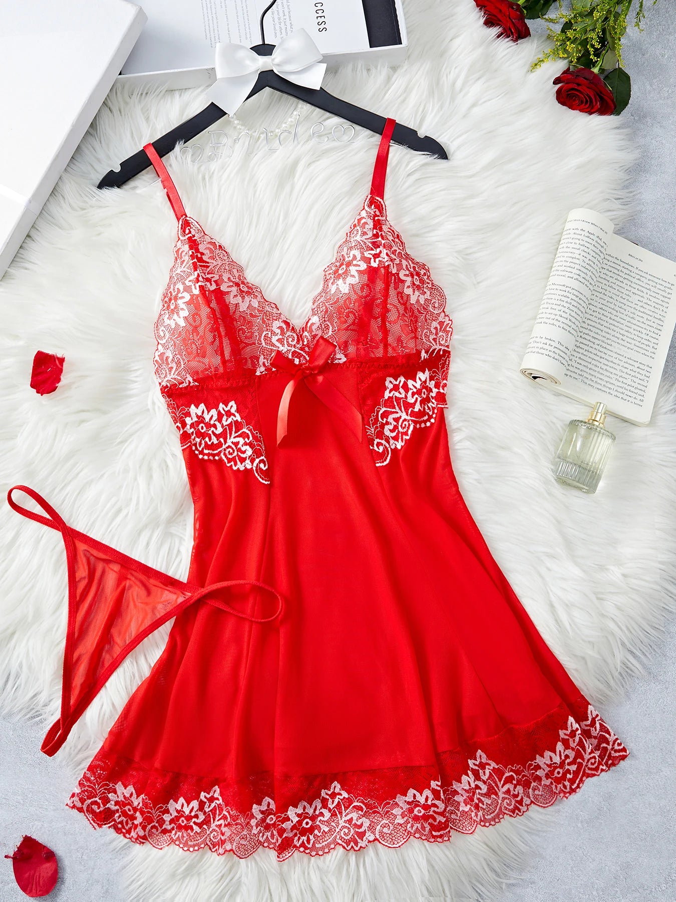 CowLost | red-contrast-mesh-lace-lingerie-set-deep-v-transparent-slip-nightdress-thong-pijamas-set |2
