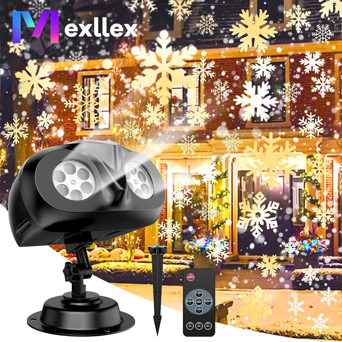 Double-Head Christmas Snowfall HD Projector Light IP65 Outdoor 2-in-1 Rotating with Remote Timer