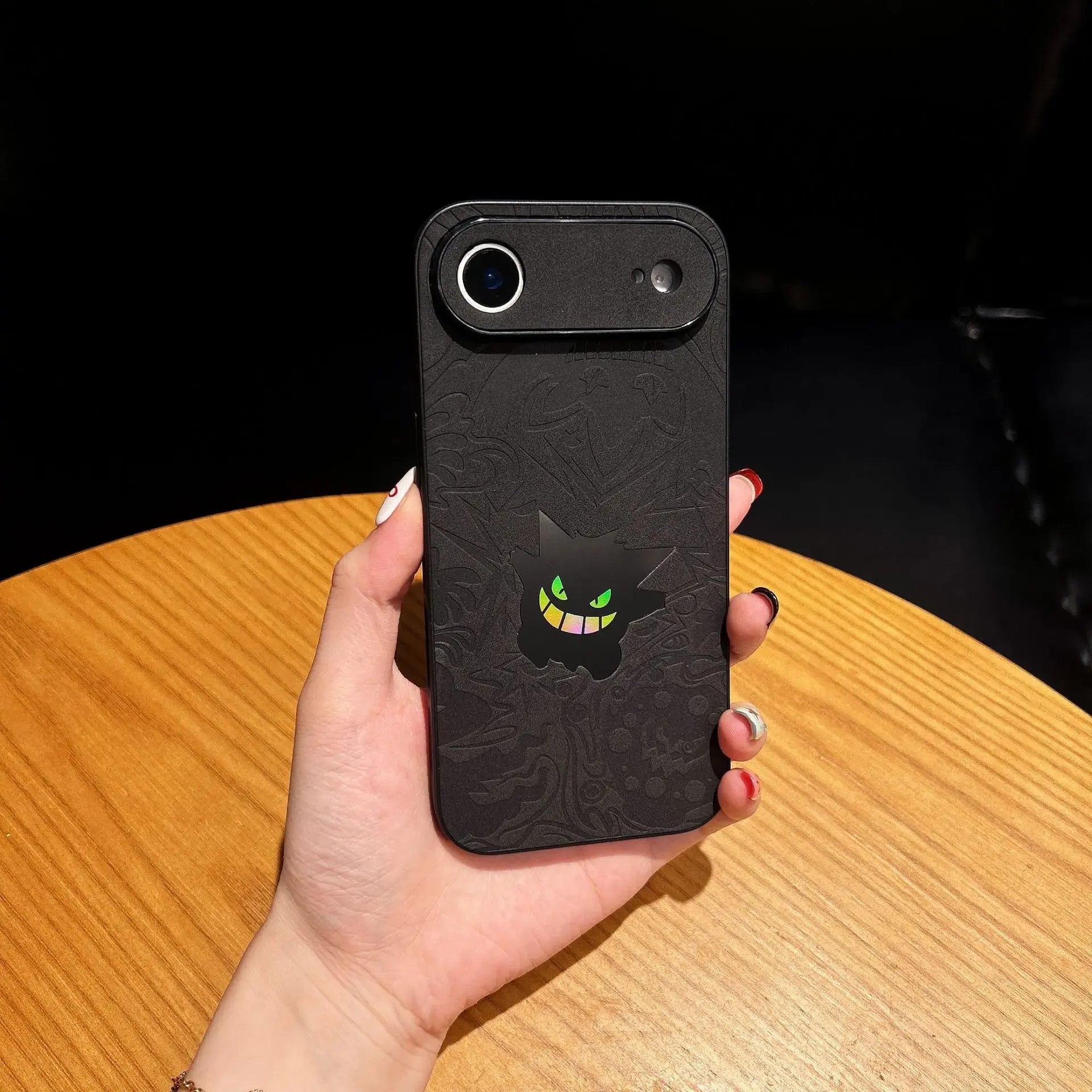 CowLost | cute-cartoon-gengar-laser-embossed-leather-texture-shockproof-phone-case-for-iphone-11-to-17-pro-max |5