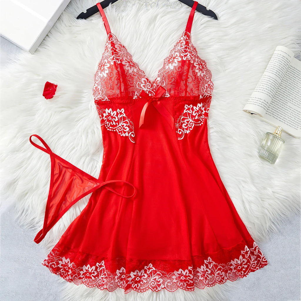 CowLost | red-contrast-mesh-lace-lingerie-set-deep-v-transparent-slip-nightdress-thong-pijamas-set |1