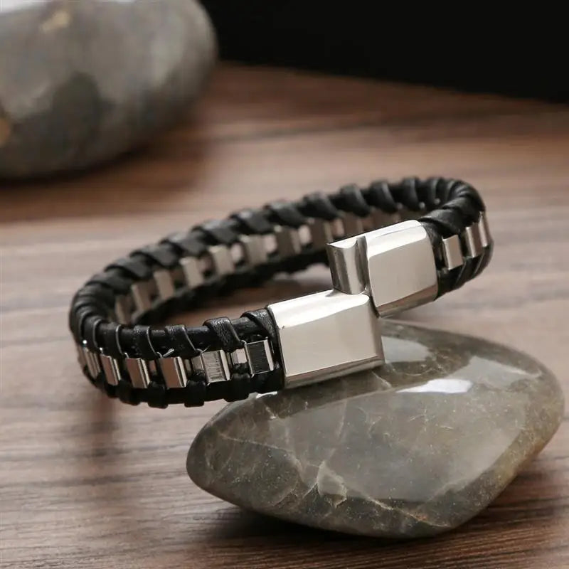 CowLost | jiayiqi-punk-men-jewelry-black-braided-leather-bracelet-stainless-steel-magnetic-clasp |31