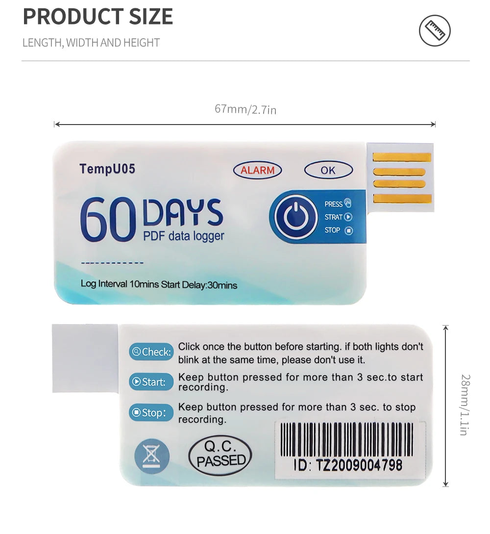 10PCS USB TempU05 Temperature Logger 60/90 Days Disposable PDF Report Cold-Chain Monitor