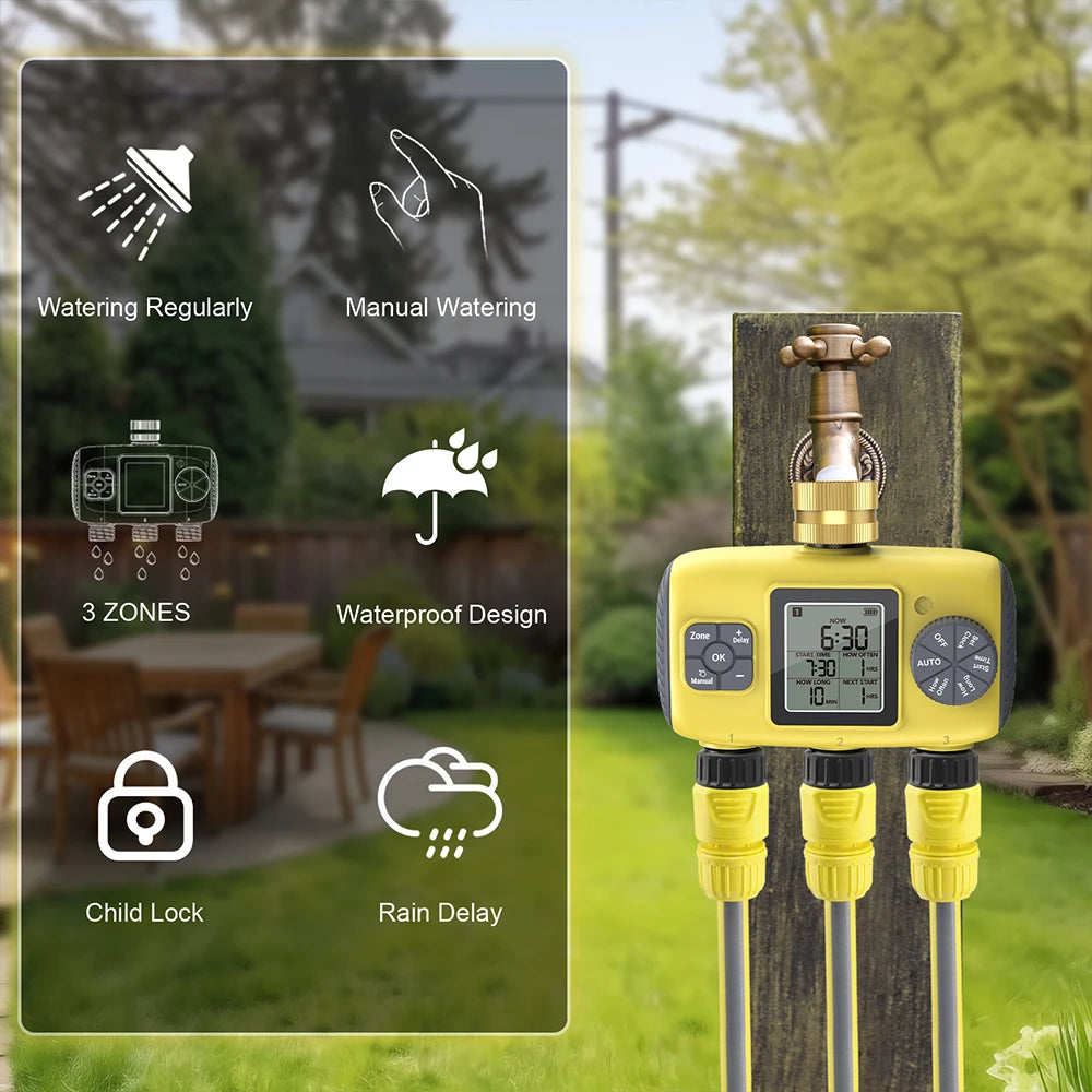 Intelligent 1-3 Zone Automatic Solar Water Timer Irrigation Controller for Garden Lawn