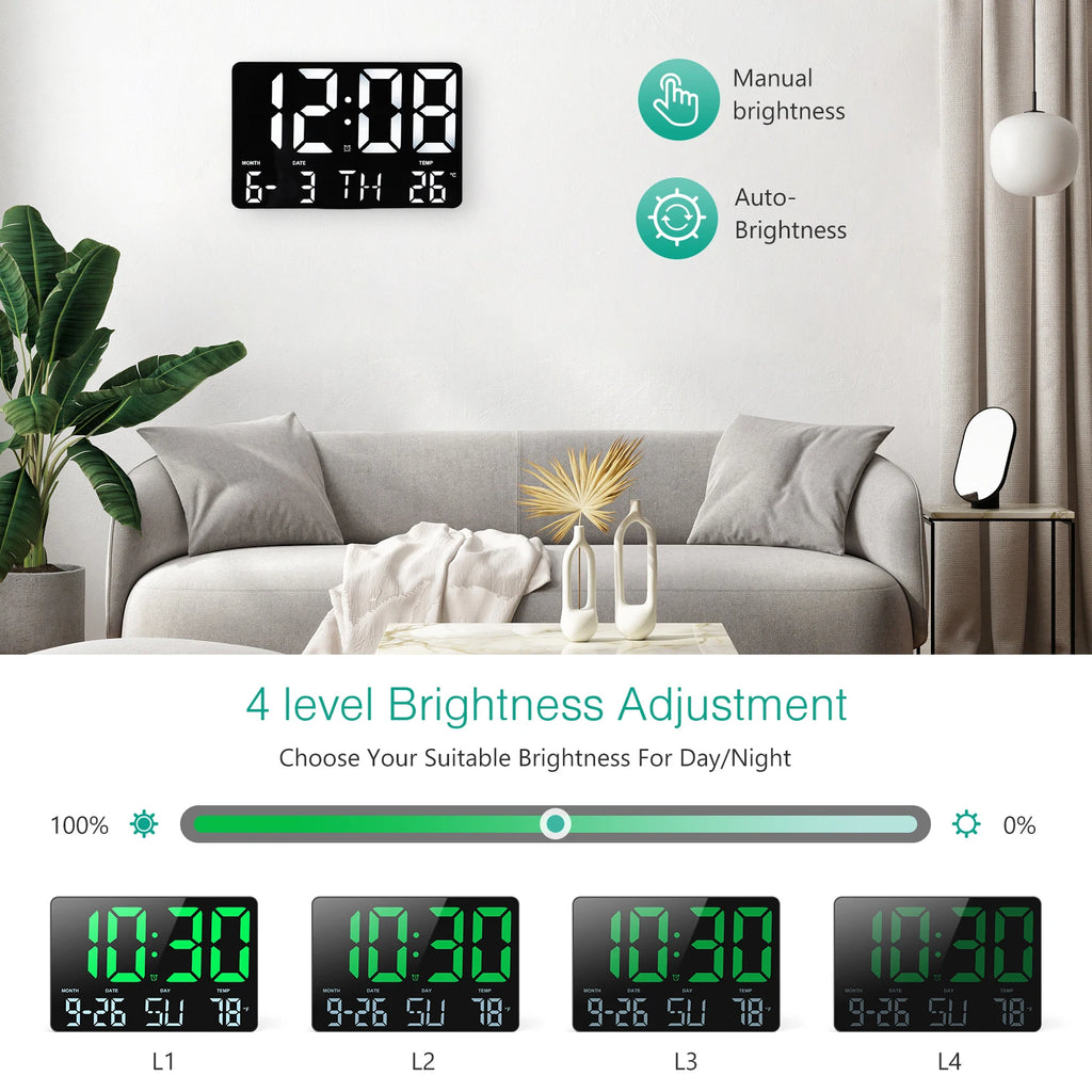 ORIA 11.5" Large USB Powered Digital LED Wall Clock with Calendar, 12/24H Time, Alarm, and Temp Display