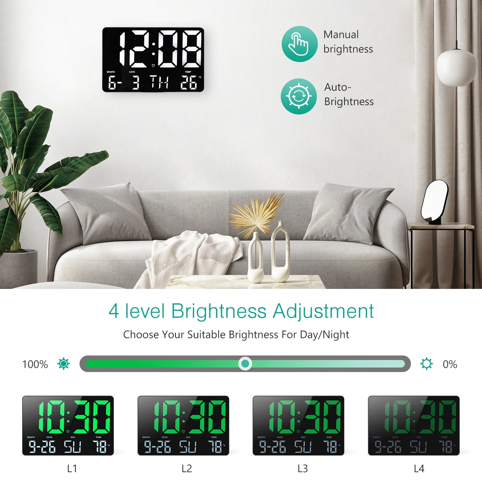 ORIA 11.5" Large USB Powered Digital LED Wall Clock with Calendar, 12/24H Time, Alarm, and Temp Display