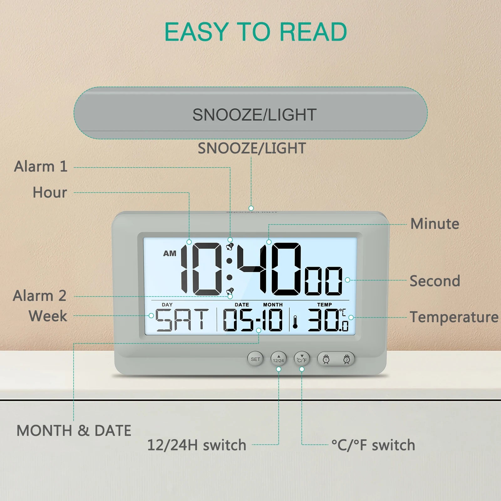 ORIA Digital Travel Alarm Clock with LCD, Dual Alarms & Calendar for Bedroom Office