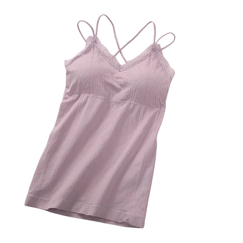 CowLost | product_id-women-seamless-wireless-padded-v-neck-lace-trim-cross-strap-camisole-tank-top |5